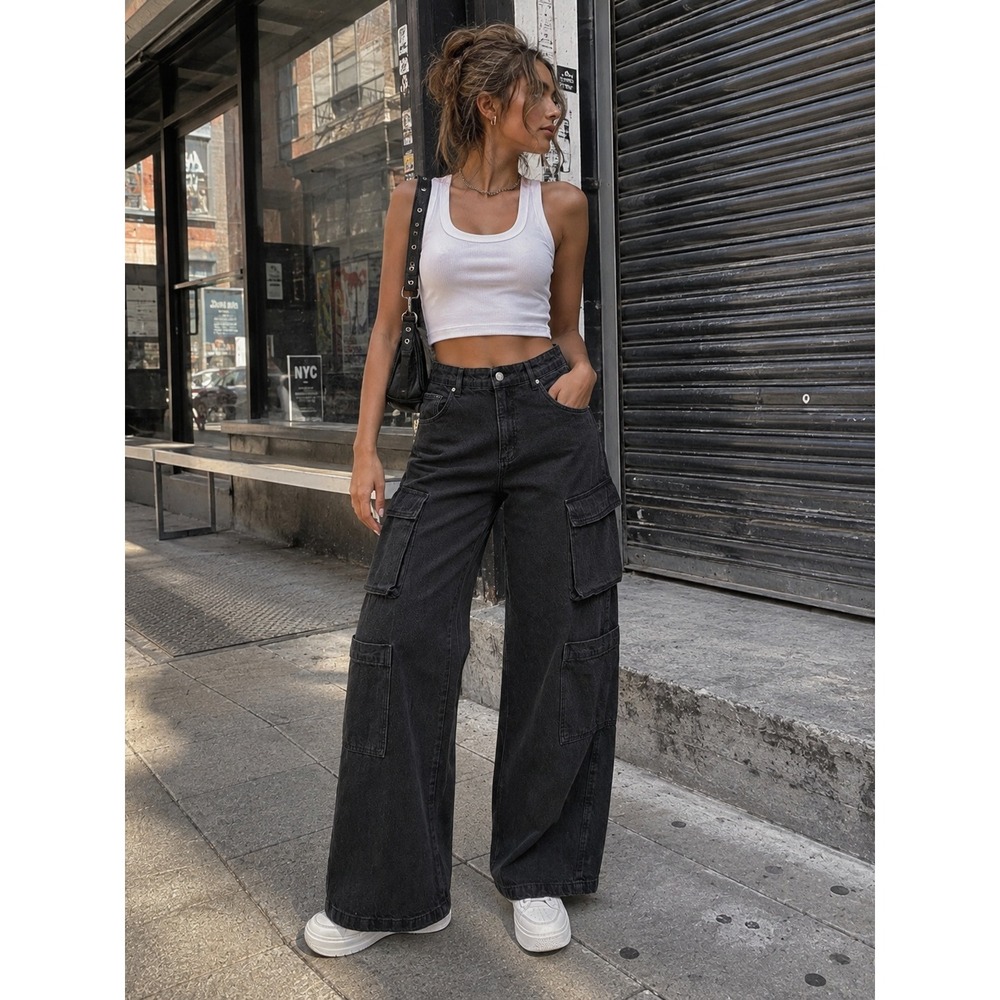 Cotton On Washed Black Cargo Wide Leg Jeans Y2K Utility Size 6